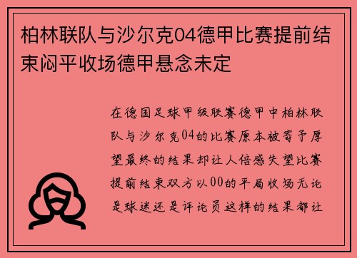 柏林联队与沙尔克04德甲比赛提前结束闷平收场德甲悬念未定